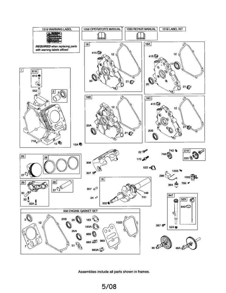 Cylinder/Crankshaft/Crankcase Diagram and Parts List for 121300 0014-0571 Briggs and Stratton Engine